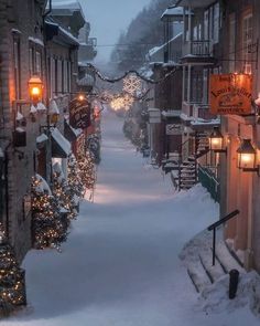 a street is covered in snow and lit up with christmas lights