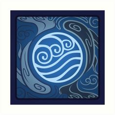 an abstract blue and white design with waves in the center on a dark background framed art print