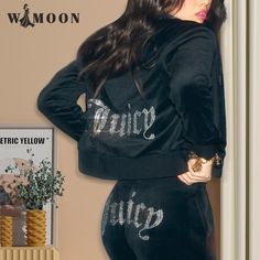 Chic Thin Velvet 2023 Autumn Juicy Apple Tracksuit 2 Pieces Set Hoodie Suit Women Velour Sweatshirt and Pants with Diamonds Y2K Elastic Waist Pants Outfit, Juicy Couture Tracksuit, Sheer Swimsuit, Womens Clothing Patterns, Zipper Pants, Tracksuit Women, Elastic Waist Pants, Yellow Fashion, Oversized Sweatshirt