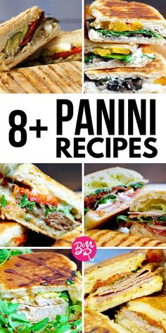 this is an image of 8 panini sandwiches with different toppings and ingredients to make them