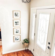 a white door with pictures on the wall and a potted plant next to it