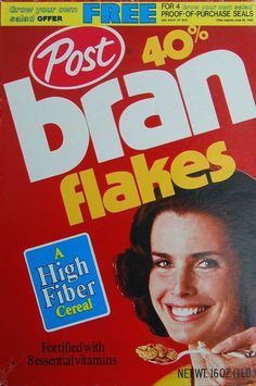 a box of post - it bran flakes with the image of a woman eating cereal