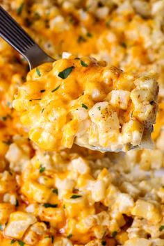 a spoon full of macaroni and cheese being lifted from the casserole