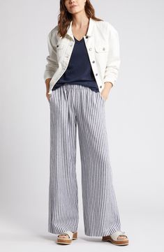 Caslon® Stripe Wide Leg Linen Blend Pants | Nordstrom Blue Linen Pants Outfit, Stripe Pants Outfit, Blue Linen Pants, Striped Pajama Pants, Linen Pants Outfit, Striped Linen Pants