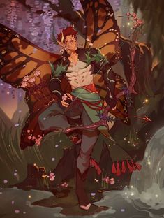 a man dressed as a fairy holding a butterfly on his shoulder and standing in front of a waterfall