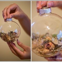 two pictures of hands holding a glass ornament with dried flowers inside