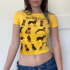 Lasaky - Quirky and Cute Little Dog Print Bright Yellow Eye-Catching Round Neck Basic Short-sleeve Tee Outfit Ideas Street Style, Yellow Animals, Y2k Outfit Ideas, Retro Dog, Basic Shorts, Short T Shirt, Fashion 2024, Yellow Eyes, Print Graphic