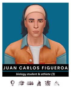 the character is wearing an orange jacket and blue shirt, with text that reads juan carlos figueroa biology student & athlete 2