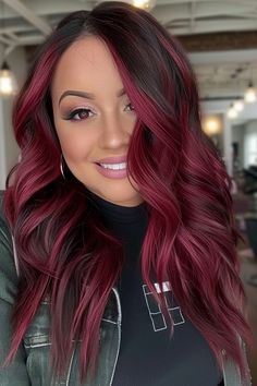 45 Sizzling Hot Red Highlights Ideas for Black Hair - Flo's Blog Red Front Highlights On Dark Hair, Burgundy Halo Hair, Red And Dark Hair, Red Hair Black Lowlights, Burgundy Fall Hair, Highlights Ideas For Black Hair, Colorful Hair Dye Ideas, Copper And Black Hair, Hair Color With Highlights Ideas