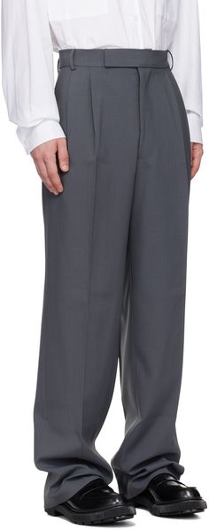 Relaxed-fit straight-leg stretch polyester twill trousers. · Belt loops · Four-pocket styling · Zip-fly · Pleats at waistband · Creased legs · Partial twill lining Supplier color: Charcoal Tailored Full-length Pants With Pockets, Business Dress Pants With Pockets, Classic Wide Leg Bottoms With Hidden Pockets, Wide-leg Business Pants, Business Full Length Pants With Belt Loops, Business Casual Bottoms With Pockets, Full Length, Wide Leg Formal Pants With Pockets, Office Full Length Bottoms With Welt Pockets, Wide Leg Pants With Pockets For Formal Occasions