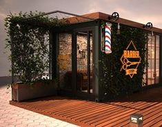 a 3d rendering of a barber shop with plants growing on the wall and doors open