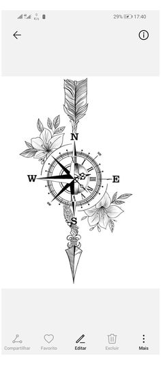 a black and white drawing of a compass with flowers on it's side, in the