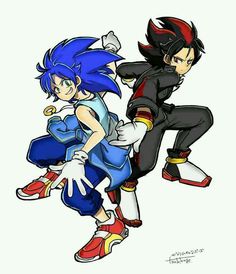 two cartoon characters, one with blue hair and the other in red shoes holding hands