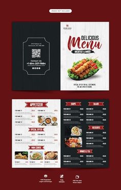 a restaurant menu with an image of food on the front and back cover, along with a red background