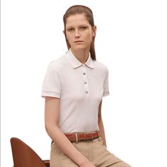 New With Tag, I Bought The Wrong Size Includes Box Elegant White Polo Collar Tops, Elegant White Summer Polo Shirt, White Polo Collar T-shirt For Work, Elegant White Polo Shirt For Work, Hermes Shirt, Polo For Women, Orange Long Sleeve Shirt, Polo Tee Shirts, Sleeveless Knit Top