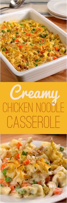 creamy chicken noodle casserole with carrots and celery on the side