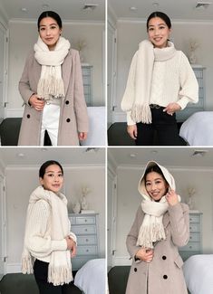 how to tie a scarf video tutorial // easy and stylish ways to secure a scarf Winter Scarf Tying, Tie Hack, Ways To Style A Scarf, Style A Scarf, Scarf Outfit Winter, Scarf Hood, Bulky Scarf, Mango Coats