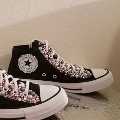 Revamped Blinged Ladies Converse Size 7.5 Black Sneakers With Rhinestones And Round Toe, Black Rhinestone Sneakers With Round Toe, Casual Black Sneakers With Rhinestones, Black Casual Sneakers With Rhinestones, Pizza Shoes, Lugged Converse, Canvas Shoes Diy, Converse Shoreline, Navy Converse