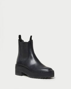 Chunky-soled Chelsea boot in black soft calf leather. Features a stretch gore, padded footbed, rounded toe, and pull-on construction. 2 inch heel and 1 inch platform. Loeffler Randall Shoes, Chelsea Boot Women, Low Heel Sandals, Black Chelsea Boots, Loeffler Randall, 2 Inch Heels, Sport Sandals, Leather Ballet Flats, Chelsea Boot