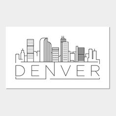 the denver skyline in black and white with the word denver on it's side