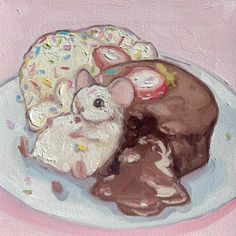 a painting of a mouse and doughnut on a plate with sprinkles