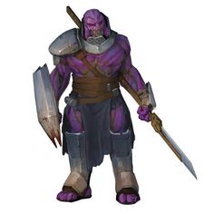 an image of a man in armor holding two swords and wearing purple skin, with one hand on his hip