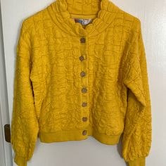 Nwt Beach Anthropologie Golden Yellow Sweater. Two Front Pockets, And Button Down Front. Has A Rouge Like Effect In Fabric Which Makes It Extra Warm. Comes With An Extra Button. Underarm To Underarm: 18” Shoulder To Hem: 19” Yellow Beach Top With Buttons, Yellow Buttoned Vacation Top, Yellow Vacation Top With Button Closure, Casual Yellow Outerwear With Buttons, Casual Yellow Outerwear For Vacation, Beach Sweater, Free People Beach, Yellow Sweater, Hippie Chic