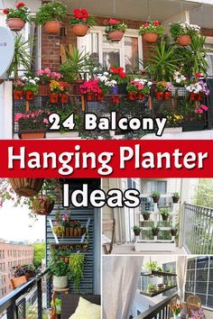 balcony hanging planter ideas with text overlay that reads, 24 balcony hanging planter ideas