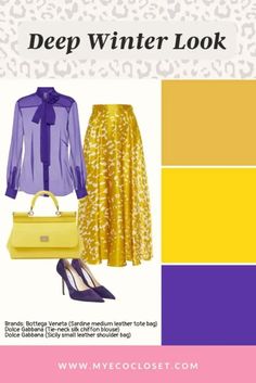 Winter Color Palette Outfits, Deep Winter Color Palette Outfits, Color Palette Clothing, Deep Winter Color Palette, Purple Ballet Flats, Deep Winter Colors, Mustard Skirt, Silk Chiffon Blouse