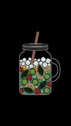 a jar filled with lots of different types of food on top of a black background