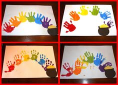 four different hand prints on white paper with red border