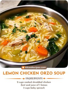 the recipe for lemon chicken orzo soup is shown