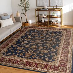 a living room with a couch and rug on the floor