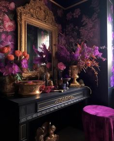 a room with flowers on the mantle and a mirror