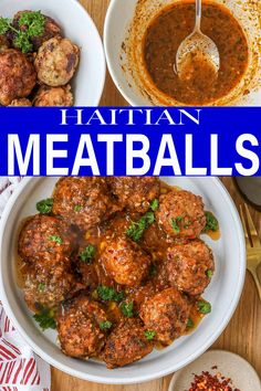 meatballs are served in bowls with sauce and garnished with parsley on the side