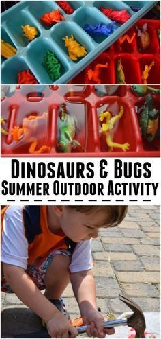 a boy playing with dinosaurs and bugs in an outdoor activity box for toddlers to make