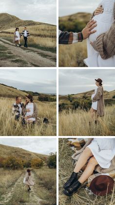 four different shots of people walking in the grass