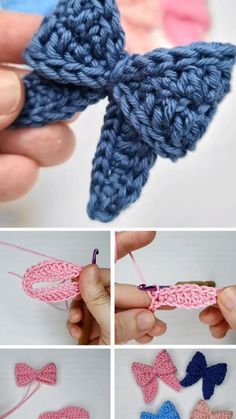 crocheted bow made with yarn and thread is shown in four different pictures, including the