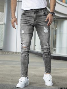 Russoo - Urban Chic: Mens Medium Stretch Denim Pants with Distressed Accents Spring Gray Ripped Bottoms, Distressed Gray Jeans For Spring, Gray Ripped Jeans For Spring, Spring Ripped Gray Jeans, Spring Gray Ripped Jeans, Ripped Gray Denim Bottoms, Gray Ripped Denim Bottoms, Gray Ripped Straight Leg Bottoms, Casual Gray Distressed Jeans