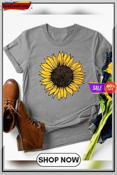 Vintage Short Sleeve Sunflower Printed Plus Size Casual Tops P102024 Vintage Short, Cheap Shirts, Sunflower Print, Vintage Shorts, Plus Size Casual, Shirt Sale, Casual Tops, Sunflower, On Sale