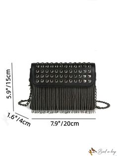 BirdinBag - Embroidered Flap Square Bag with Studs and Fringe Detail Fringe Decor, Chain Pattern, Style Punk, Bag Bag, Black Decor, Square Bag, Flap Bag, Black Color, Bag Lady