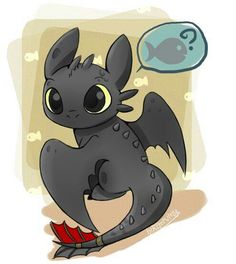 a cute little dragon with big eyes sitting on the ground next to a fish and thought bubble