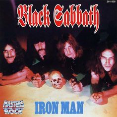 an album cover with the band iron man posing in front of a table and skull