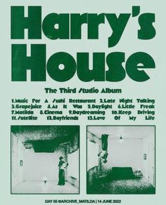 the poster for harry's house is shown in black and white, with green lettering