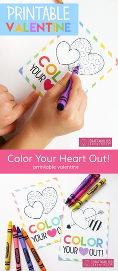 the printable valentine's day card is shown with crayons and markers