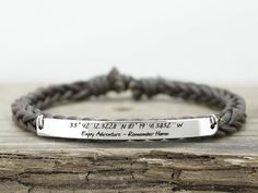 A set of two bracelets. Engraved- coordinates and a meaningful quote. His bracelet is a genuine leather cuff and hers bracelet is a beautiful skinny cord-braided bracelet. quote: Enjoy Adventure- Remember Home (can be customized to your own words) Don't know coordinates? To find them easy go to:http://www.latlong.net This could be a perfect friendship gift, couples anniversary gift, valentines gift, going away gift. This could be a truly special and meaningful gift to your loved one! You still have the option to change the color of the metal bar and leather to which you'd prefer. This metal band was handmade from stainless steel/brass/copper sheet metal - I cut the shape, filed and sanded the edges, then shiny polish, drilled two holes at the sides, gave it a laser engraving finally. Just Boyfriend Matching, Matching Couple Bracelets, Handwriting Bracelet, Coordinates Bracelet, Anniversary Gift For Him, Morse Code Bracelet, Steampunk Necklace, Anniversary Gifts For Couples, Pearl Jewelry Necklace