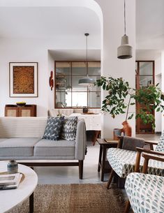 a living room filled with furniture and a potted plant