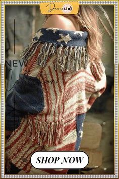 Contrast Star Stripe Knitted Cardigan Flag Sweater, American Flag Sweater, Fringe Cardigan, Cardigan Outfits, Loose Outfit, Hooded Cardigan, Sweater Brands, Knitted Cardigan, Cardigan Tops