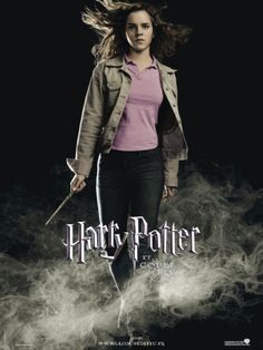 the poster for harry potter is shown with her hair blowing in the wind and holding a wand