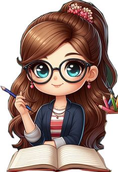 a cartoon girl with glasses holding a pencil and an open book